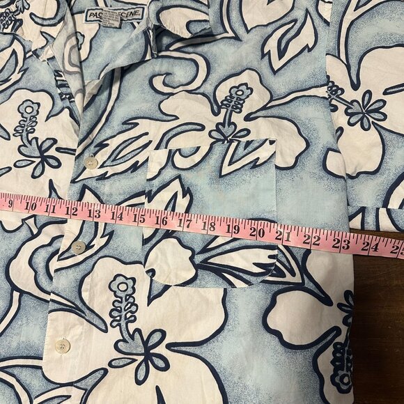 Pacific Scene Vintage 90s Y2K Hawaiian Shirt Blue White Floral 100% Cotton Sz L - Picture 4 of 6